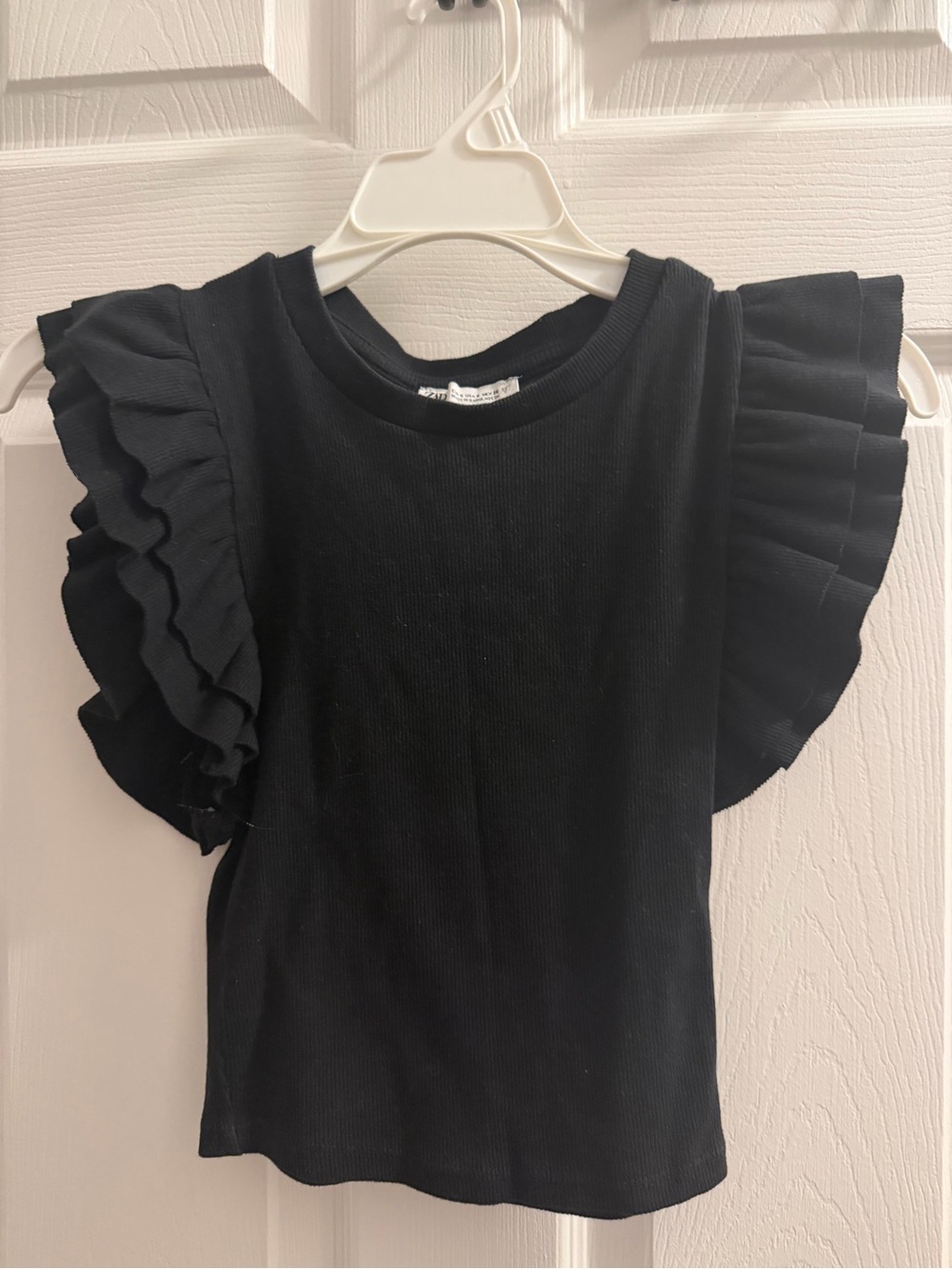 Zara Black Ribbed Crewneck Top with Layered Sleeve Detail